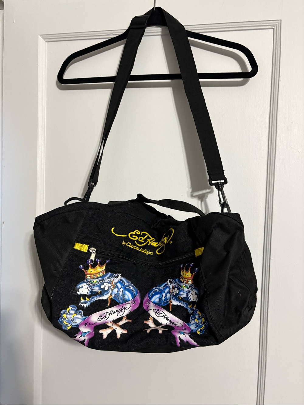 Christian Audigier Black Duffel Bag Vivid Graphic